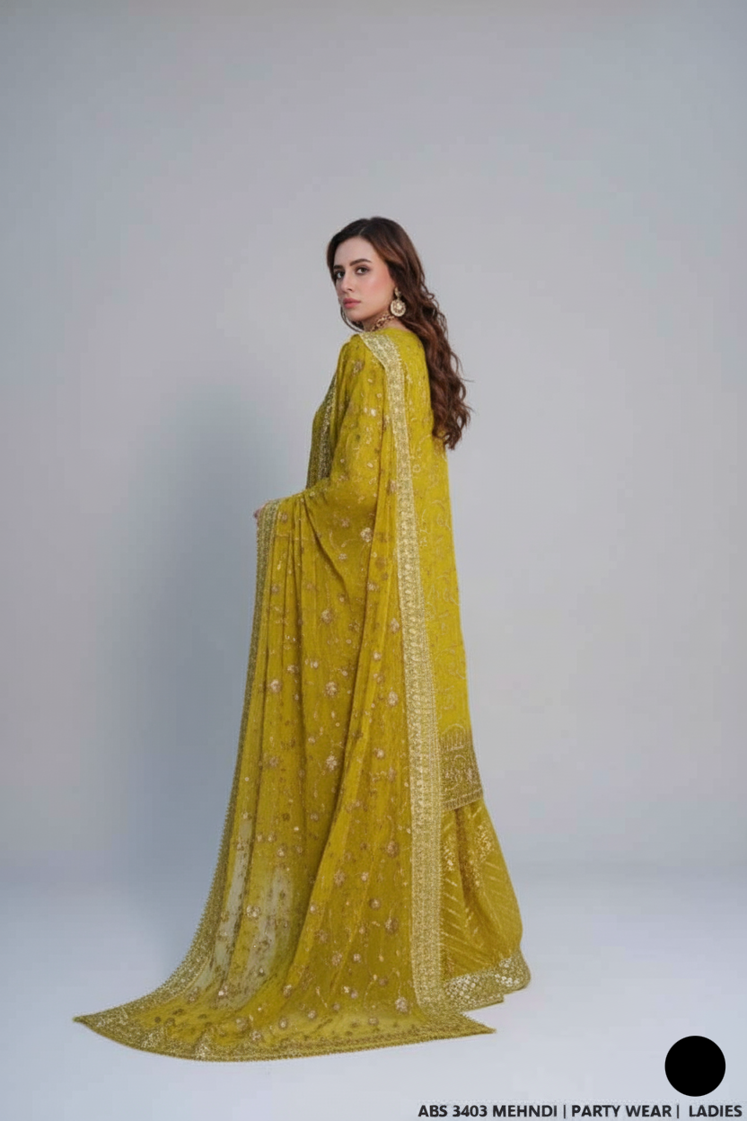 Pakistani women's mehndi green organza straight shirt back view