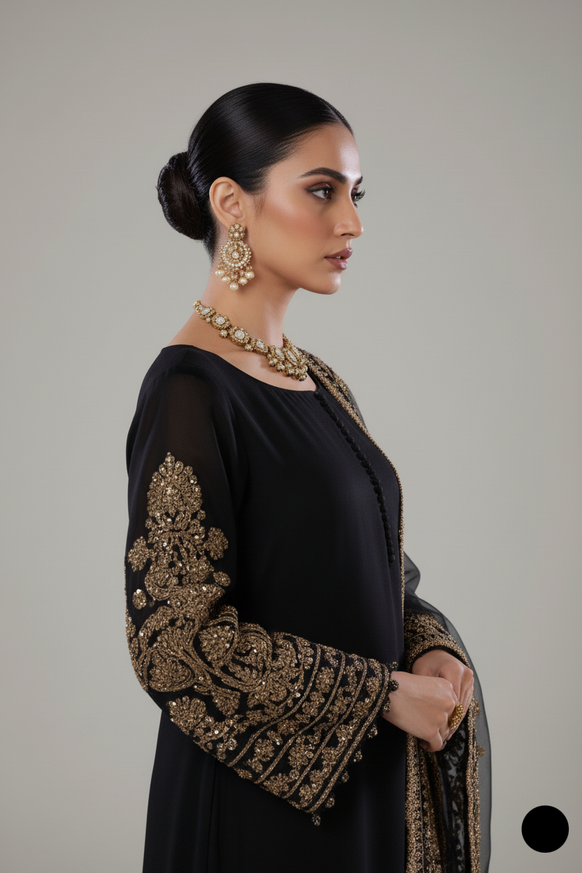 KB P255 Pakistani women's chiffon sharara outfit detail view