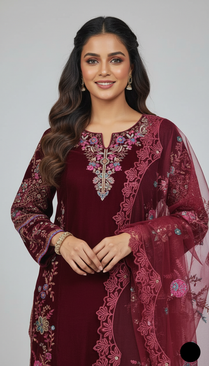 Maroon chiffon Pakistani women's straight shirt with plazo side view