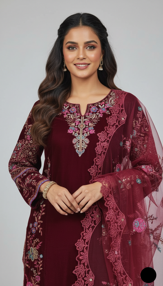 Maroon chiffon Pakistani women's straight shirt with plazo side view