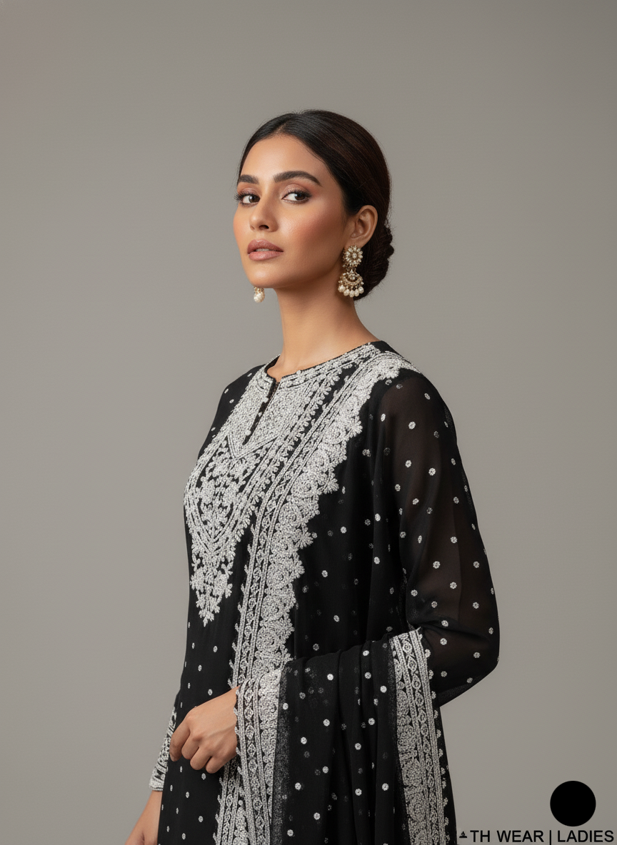 ABL 3837 Pakistani women's chiffon gharara outfit detail view