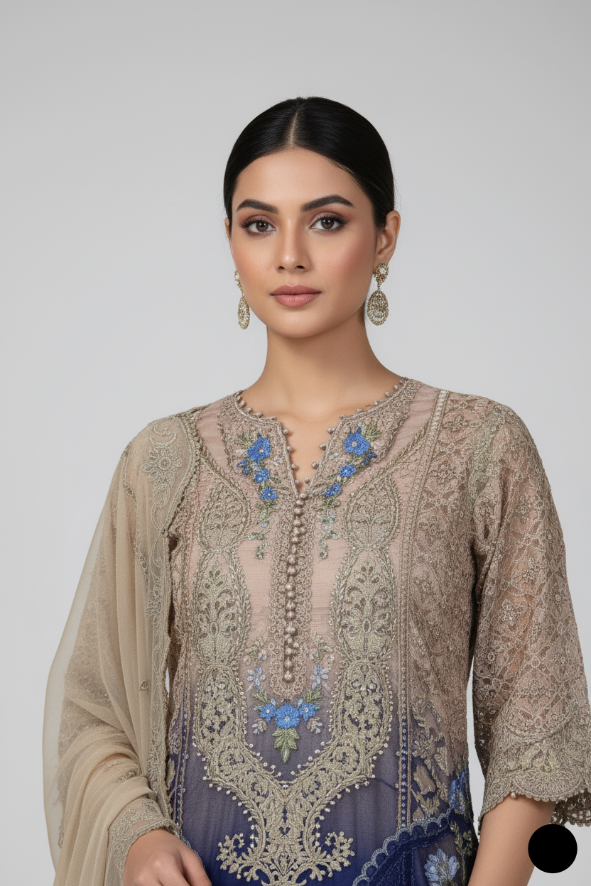 Navy blue organza Pakistani women's A-Line shirt side view