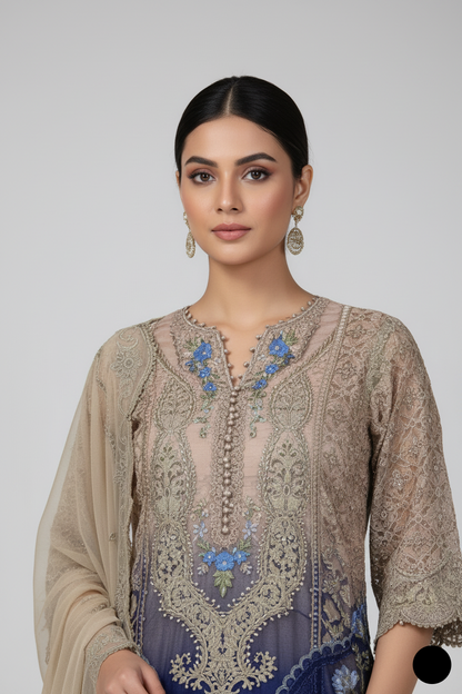 Navy blue organza Pakistani women's A-Line shirt side view