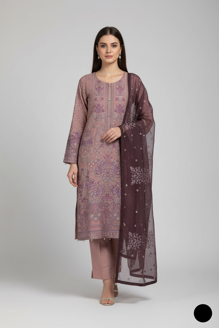 Chiffon straight shirt plazo tea pink - Pakistani women's party wear with grip plazo and organza dupatta front view