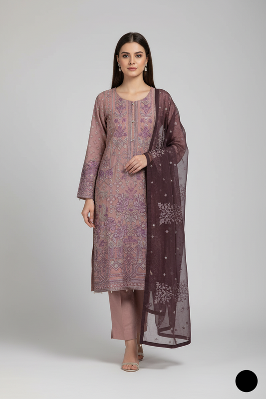 Chiffon straight shirt plazo tea pink - Pakistani women's party wear with grip plazo and organza dupatta front view