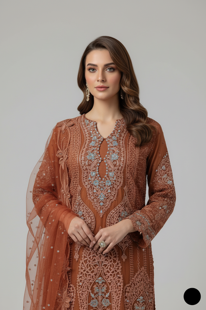 Rust organza Pakistani women's A-Line shirt side view