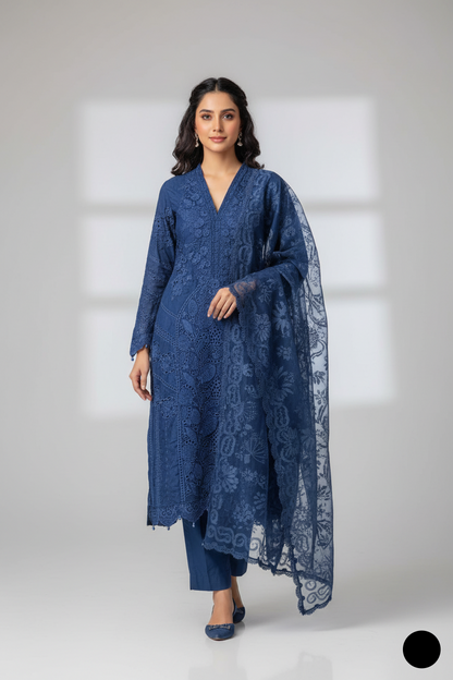 Organza A-Line shirt blue - Pakistani women's elegant formal wear with viscose trouser and organza dupatta front view