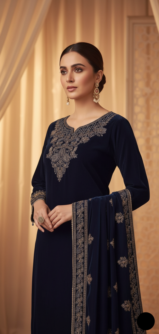 Navy blue velvet Pakistani women's A-Line shirt side view