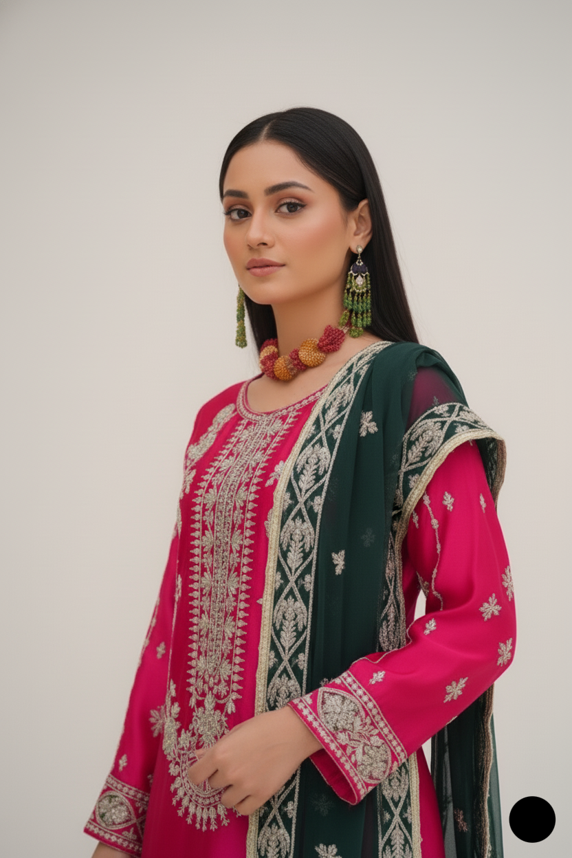 Pakistani women's shocking pink silk straight shirt detail view