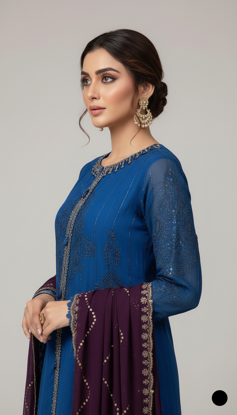 Pakistani women's zinc grey organza A-Line shirt detail view