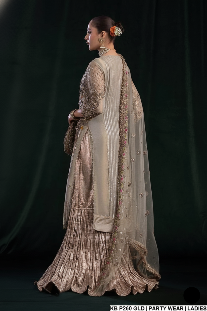 KB P260 GOLDEN Pakistani women's resham mesuri bridal sharara back view