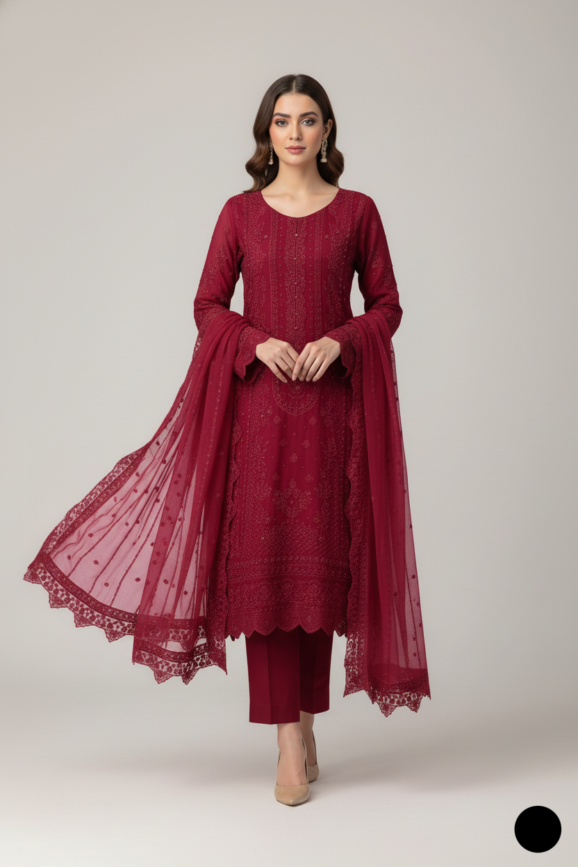 Silk short shirt maroon - Pakistani women's traditional festive outfit front view