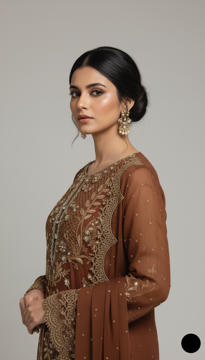 Pakistani women's brown organza straight shirt detail view