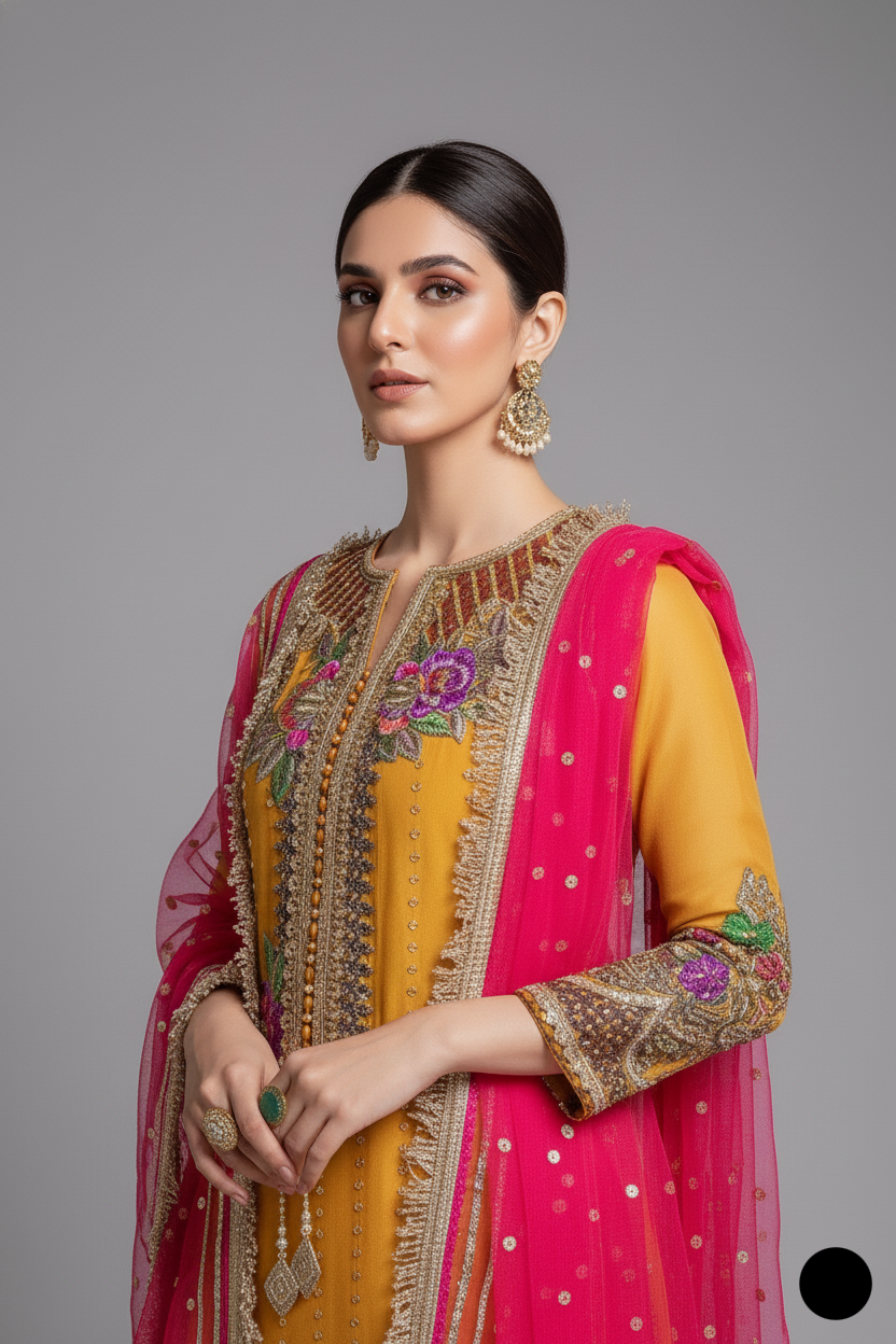 KB P232 Pakistani women's crinkle chiffon embroidered outfit detail view