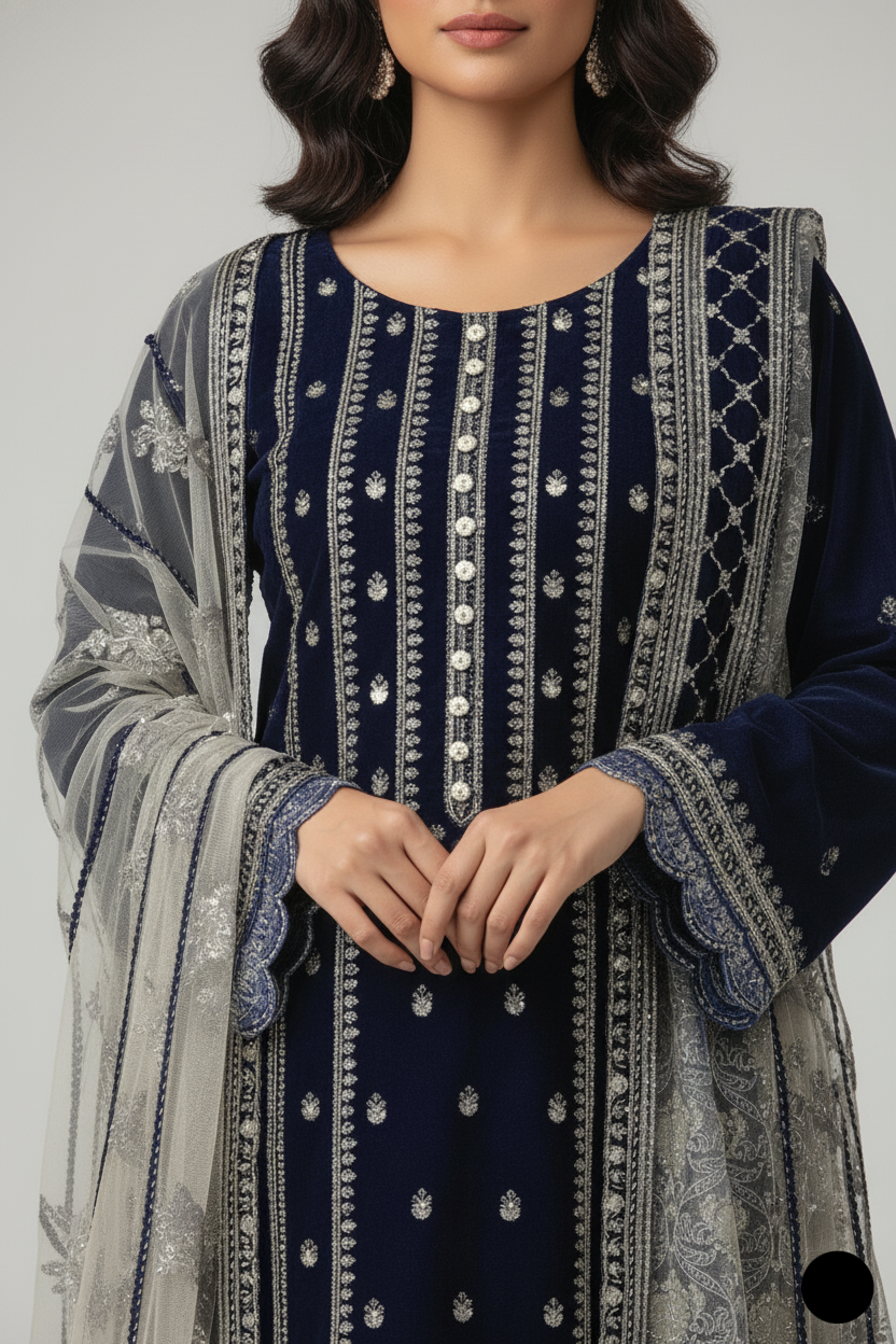 SG1470 7 N.BLU Velvet Pakistani women's straight shirt side view