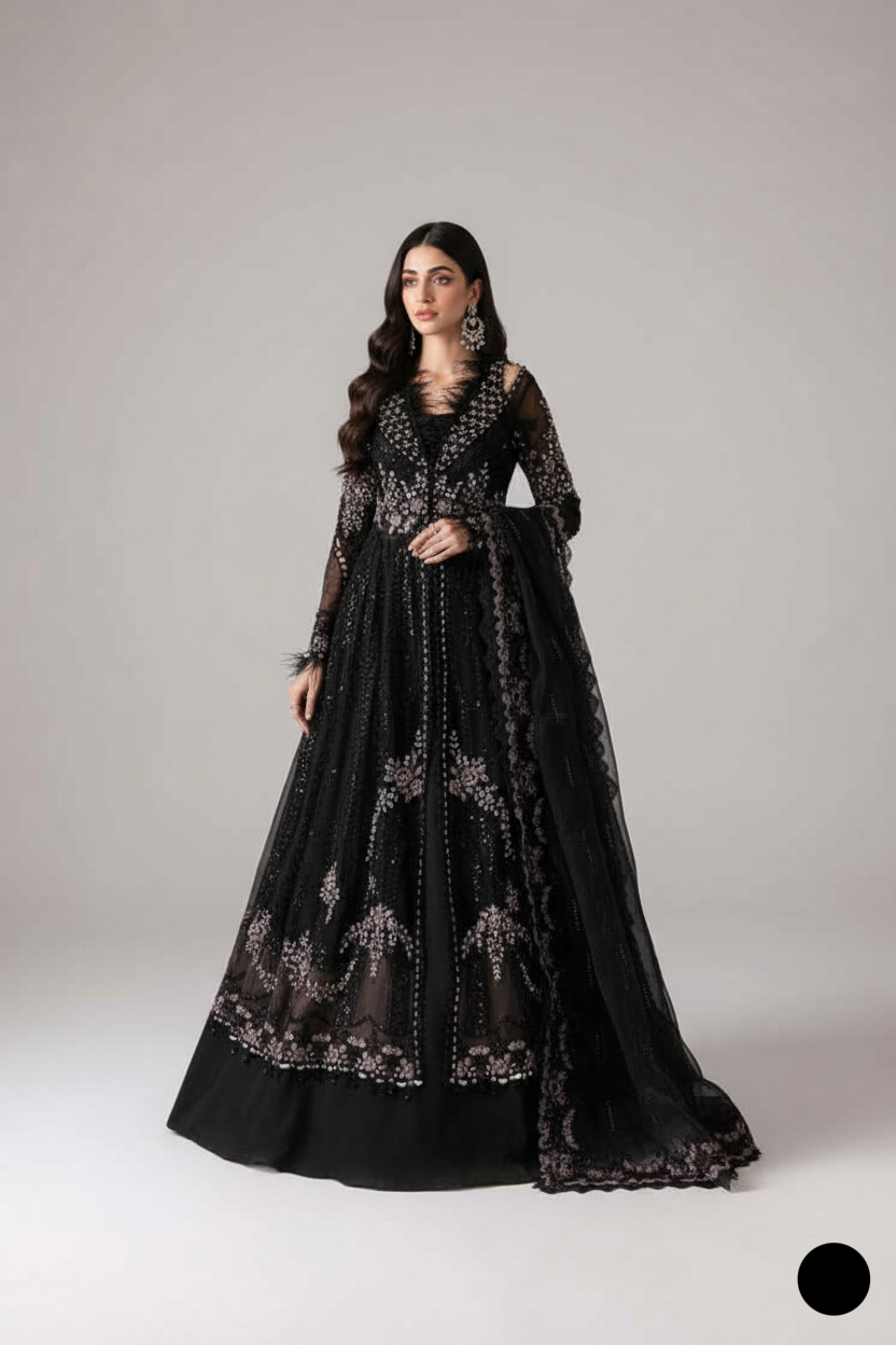 Organza A-Line shirt black - Pakistani women's elegant formal wear with viscose trouser and organza dupatta front view