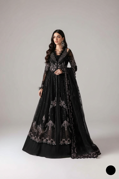 Organza A-Line shirt black - Pakistani women's elegant formal wear with viscose trouser and organza dupatta front view