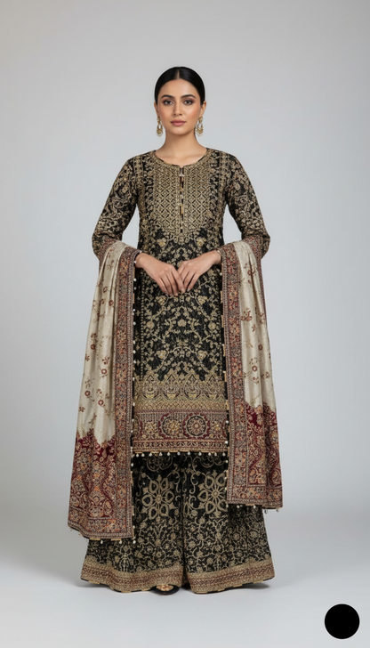 Organza A-Line shirt black - Pakistani women's elegant formal wear with viscose trouser and organza dupatta front view