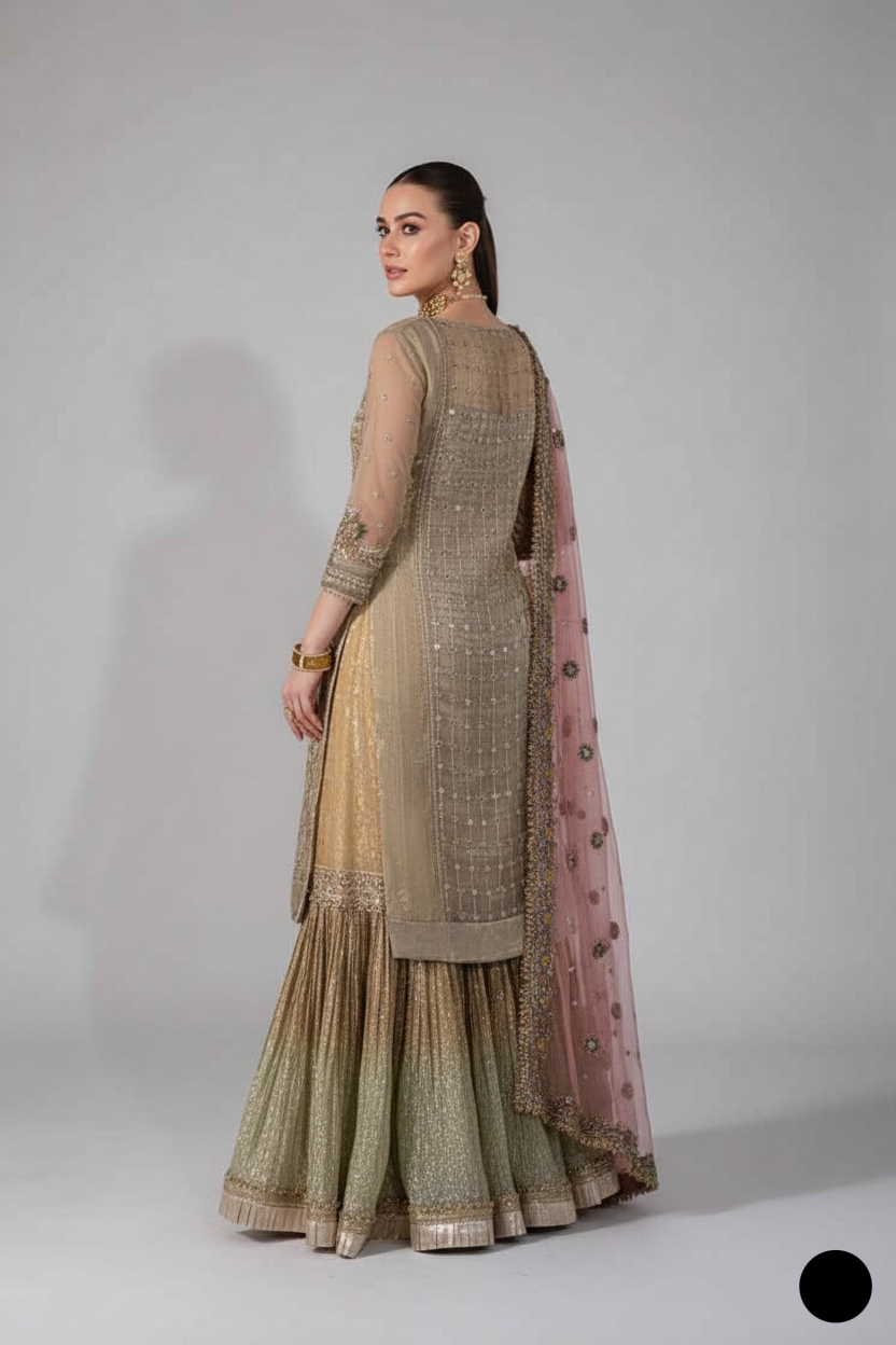 Pakistani women's gold hand embroidered luxury suit back view