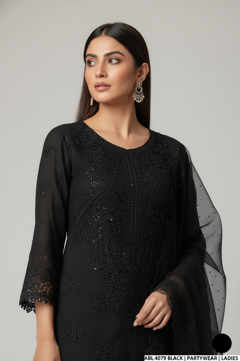 Pakistani women's black chiffon A-Line shirt detail view