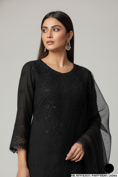 Pakistani women's black chiffon A-Line shirt detail view