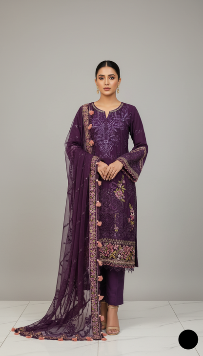 Organza A-Line shirt dark purple - Pakistani women's elegant formal wear with viscose trouser and organza dupatta front view