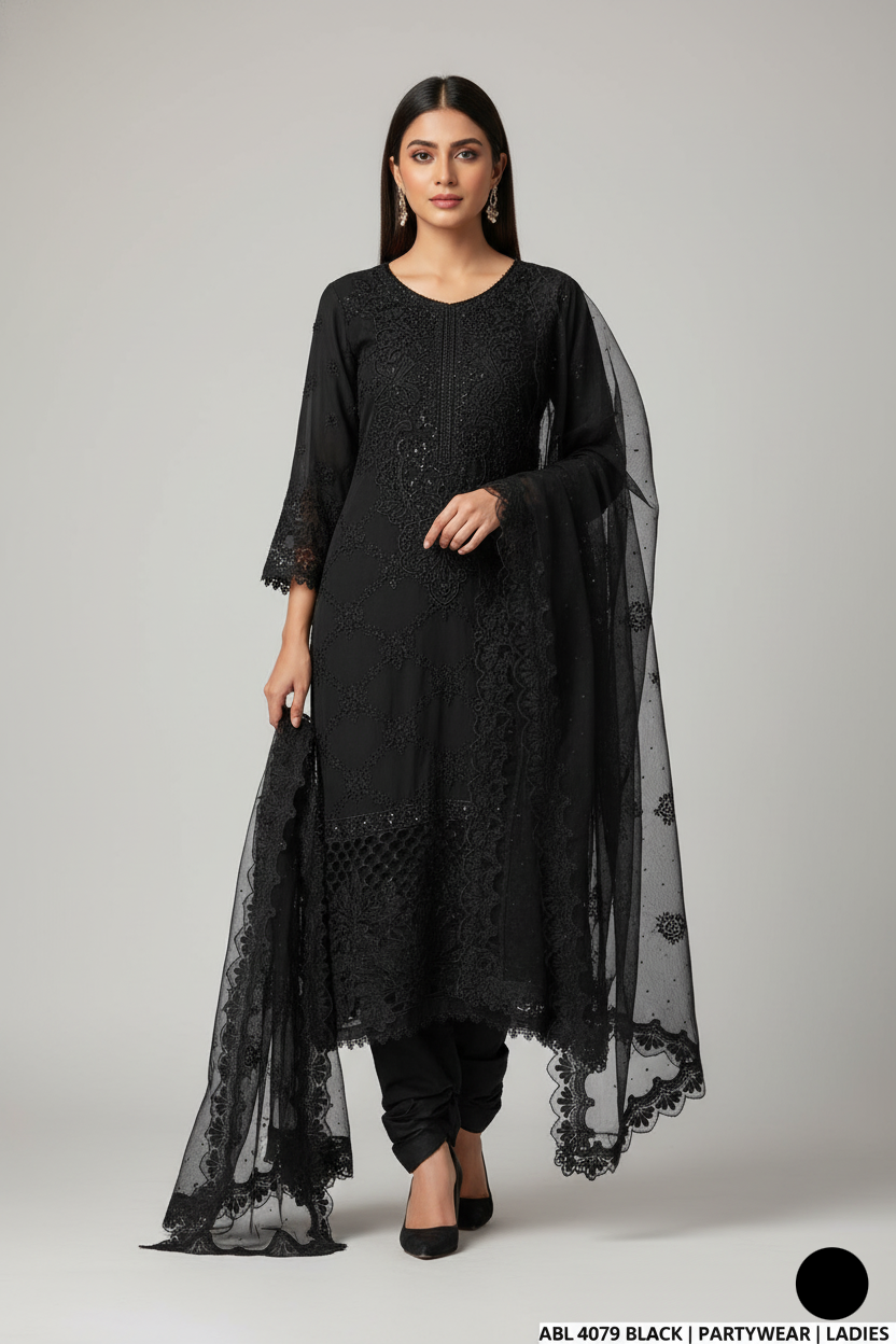 Chiffon A-Line shirt black - Pakistani women's elegant formal wear with viscose trouser and chiffon dupatta front view