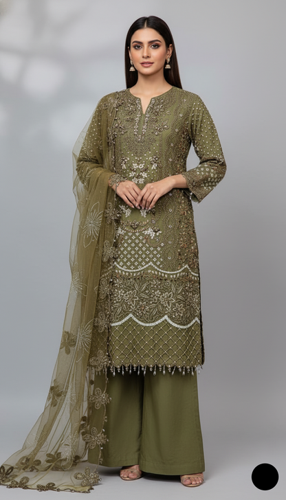 Chiffon A-Line shirt mehndi green - Pakistani women's elegant formal wear with viscose trouser and chiffon dupatta front view