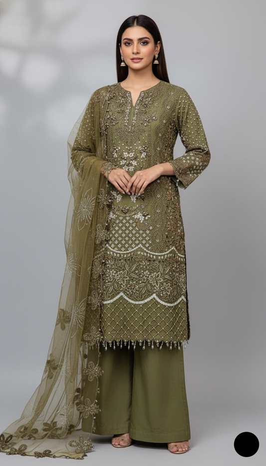 Chiffon A-Line shirt mehndi green - Pakistani women's elegant formal wear with viscose trouser and chiffon dupatta front view