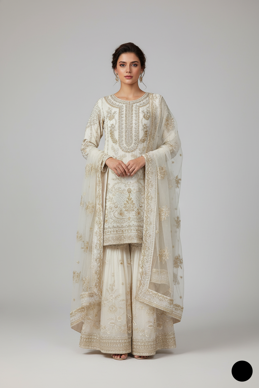 Organza open shirt off white - Pakistani women's elegant formal wear with viscose trouser and organza dupatta front view