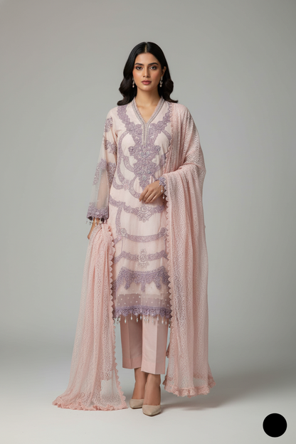 Organza A-Line shirt pink - Pakistani women's elegant formal wear with viscose trouser and organza dupatta front view