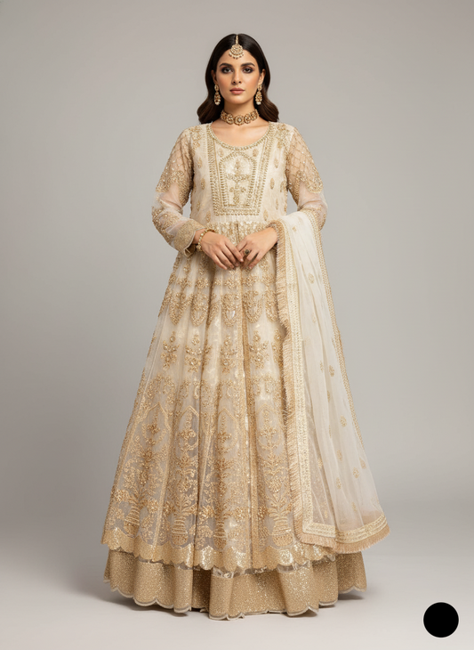 Organza short shirt off white - Pakistani women's elegant formal wear with viscose trouser and organza dupatta front view