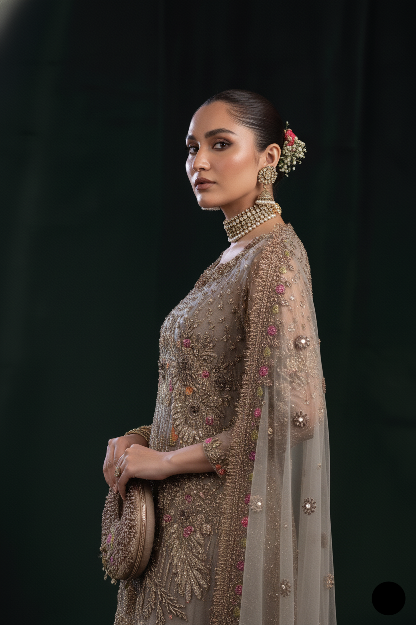 KB P260 GOLDEN Pakistani women's luxury resham sharara detail view