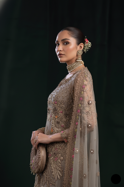 KB P260 GOLDEN Pakistani women's luxury resham sharara detail view