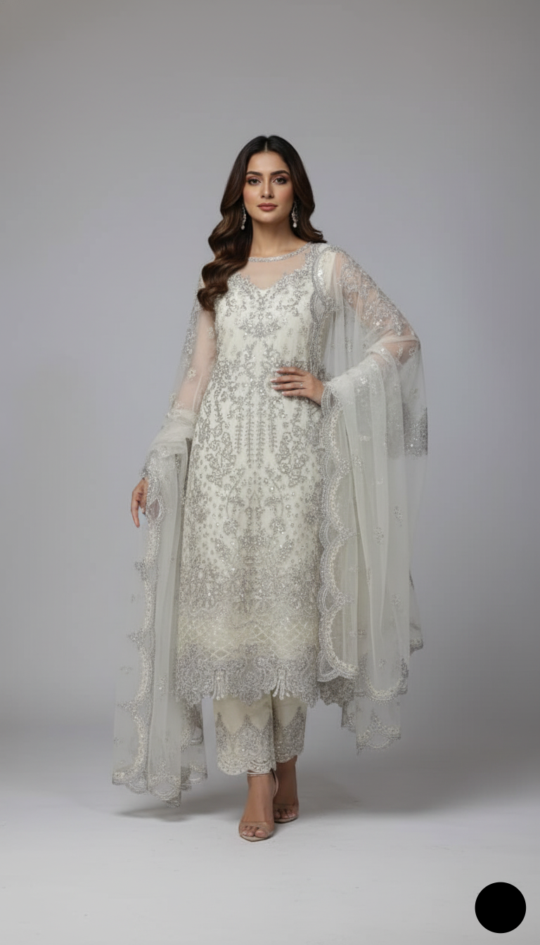 Organza A-Line shirt off white - Pakistani women's elegant formal wear with viscose trouser and organza dupatta front view