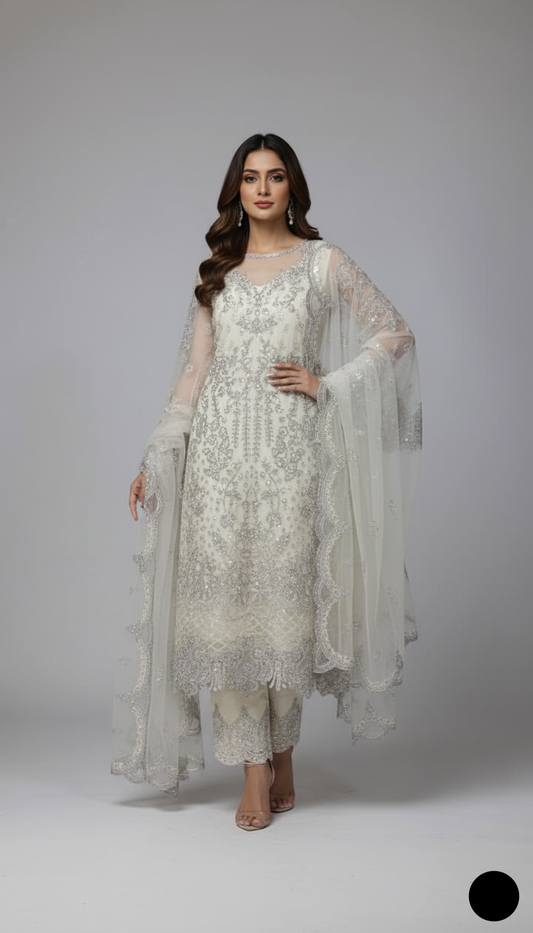 Organza A-Line shirt off white - Pakistani women's elegant formal wear with viscose trouser and organza dupatta front view