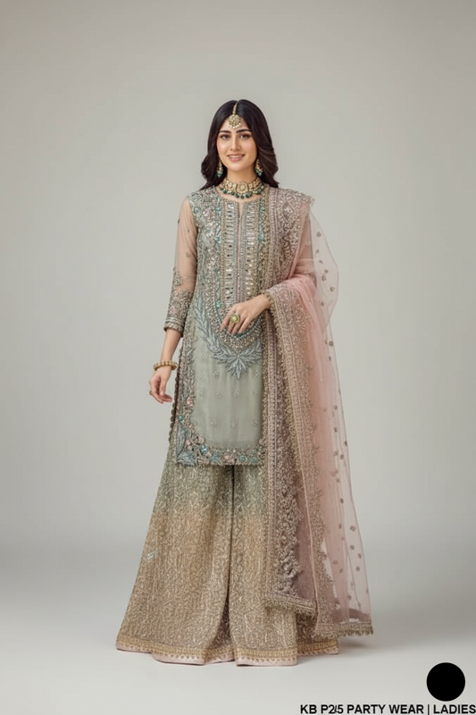 Pure resham mesuri hand embroidered sharara KB P245 PISTA - Pakistani women's luxury bridal party wear front view