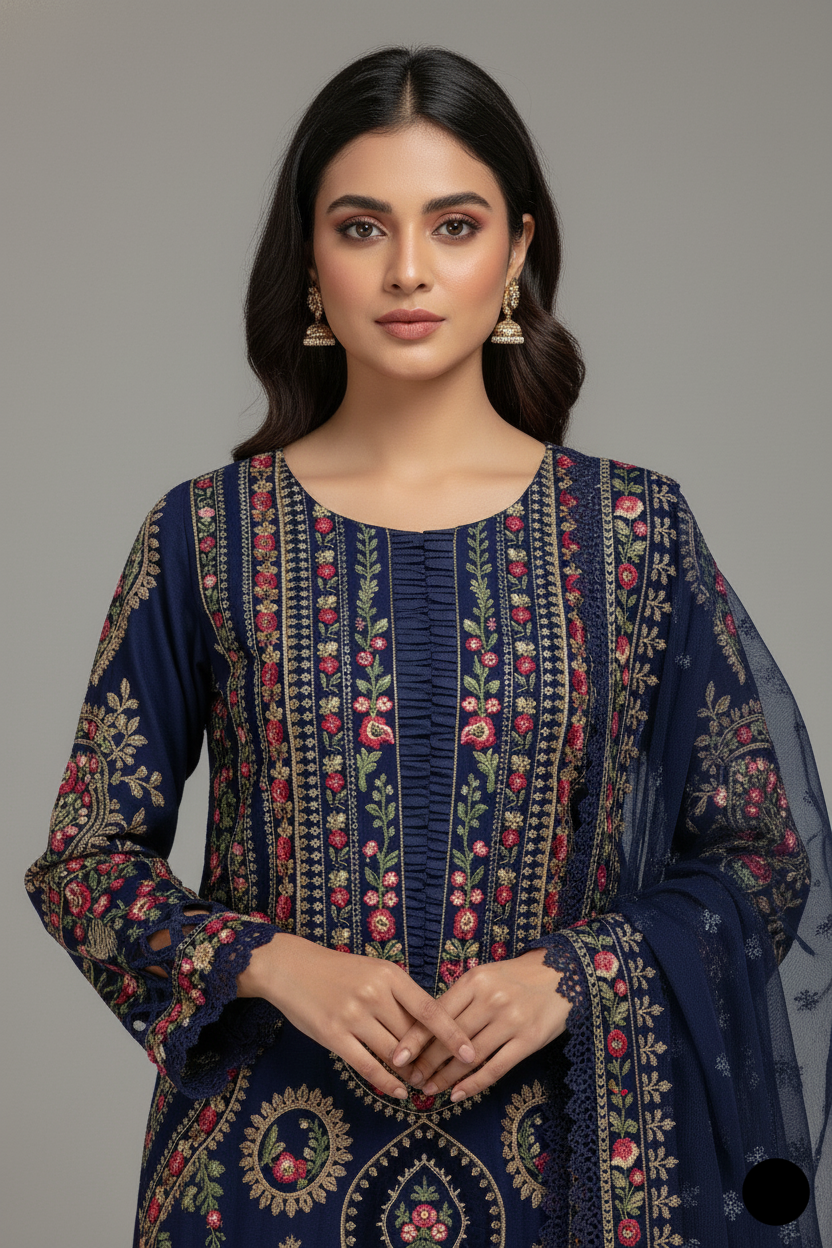 ABL 3883 chiffon A-Line Pakistani women's dress with chiffon dupatta side view