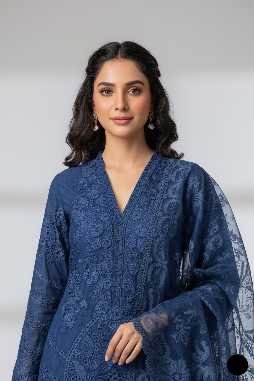 Blue organza Pakistani women's A-Line shirt side view