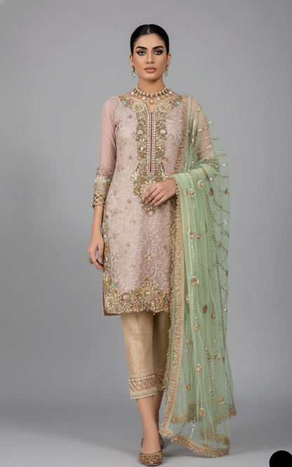 Pure resham mesuri embroidered shirt KB P221 - Pakistani women's luxury bridal wear with organza dupatta front view