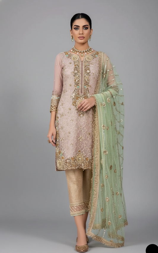 Pure resham mesuri embroidered shirt KB P221 - Pakistani women's luxury bridal wear with organza dupatta front view