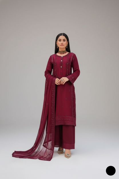 Silk straight shirt maroon - Pakistani women's formal party wear with silk trouser and chiffon dupatta front view
