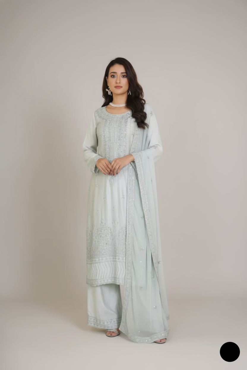 Silk straight shirt aqua - Pakistani women's formal party wear with silk trouser and chiffon dupatta front view