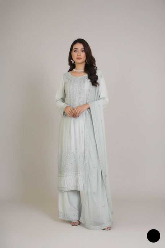 Silk straight shirt aqua - Pakistani women's formal party wear with silk trouser and chiffon dupatta front view