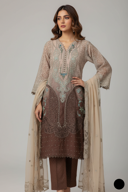 Organza A-Line shirt chocolate brown - Pakistani women's elegant formal wear with viscose trouser and organza dupatta front view