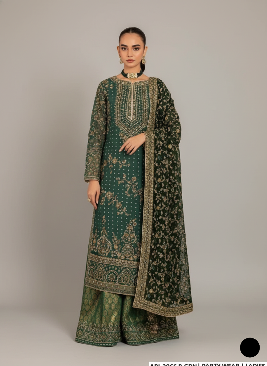 Chiffon shirt gharara ABL 3966 - Pakistani women's festive party wear with jamawar trouser front view