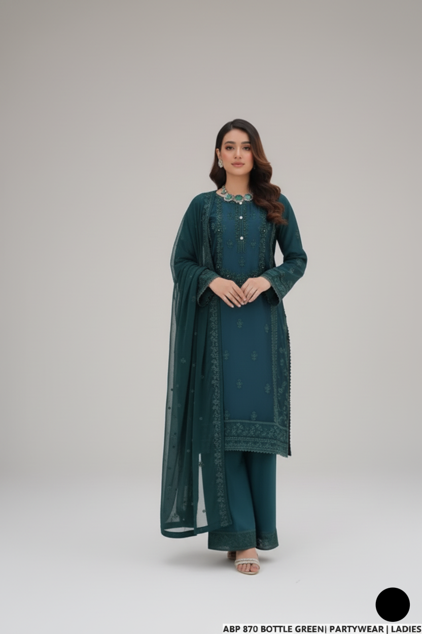 Silk straight shirt bottle green - Pakistani women's formal party wear with silk trouser and chiffon dupatta front view