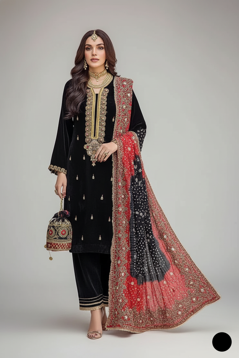 Crinkle chiffon hand embroidered shirt KB P242 - Pakistani women's luxury party wear with silk chunri dupatta front view
