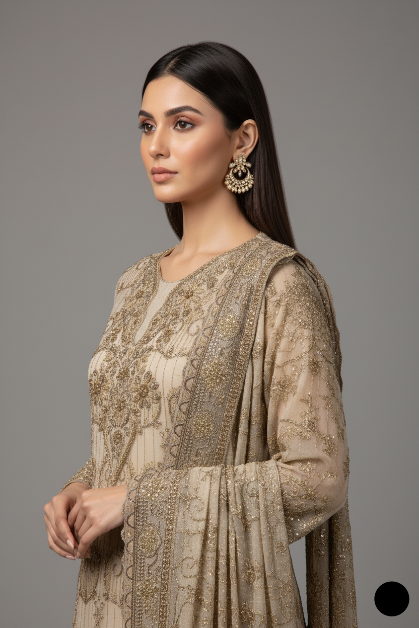 ABL 3941 masuri net Pakistani women's A-Line outfit with jamawar plazo side view