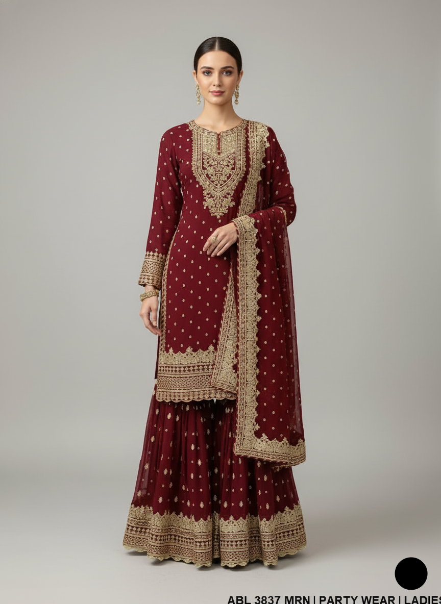 ABL 3837 Pakistani women's chiffon formal gharara full view